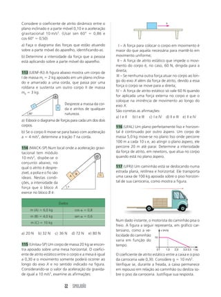22 SIMULADÃO
Considere o coeficiente de atrito dinâmico entre o
plano inclinado e a parte móvel 0,10 e a aceleração
gravitacional 10 m/s2
. (Usar sen 60° ϭ 0,86 e
cos 60° ϭ 0,50)
a) Faça o diagrama das forças que estão atuando
sobre a parte móvel do aparelho, identificando-as.
b) Determine a intensidade da força que a pessoa
está aplicando sobre a parte móvel do aparelho.
113 (UENF-RJ) A figura abaixo mostra um corpo de
I de massa mI ϭ 2 kg apoiado em um plano inclina-
do e amarrado a uma corda, que passa por uma
roldana e sustenta um outro corpo II de massa
mII ϭ 3 kg.
Despreze a massa da cor-
da e atritos de qualquer
natureza.
a) Esboce o diagrama de forças para cada um dos dois
corpos.
b) Se o corpo II move-se para baixo com aceleração
a ϭ 4 m/s2
, determine a tração T na corda.
114 (MACK-SP) Num local onde a aceleração gravi-
tacional tem módulo
10 m/s2
, dispõe-se o
conjunto abaixo, no
qual o atrito é despre-
zível, a polia e o fio são
ideais. Nestas condi-
ções, a intensidade da
força que o bloco A
exerce no bloco B é:
I – A força para colocar o corpo em movimento é
maior do que aquela necessária para mantê-lo em
movimento uniforme;
II – A força de atrito estático que impede o movi-
mento do corpo é, no caso, 60 N, dirigida para a
direita;
III – Se nenhuma outra força atuar no corpo ao lon-
go do eixo X além da força de atrito, devido a essa
força o corpo se move para a direita;
IV – A força de atrito estático só vale 60 N quando
for aplicada uma força externa no corpo e que o
coloque na iminência de movimento ao longo do
eixo X.
São corretas as afirmações:
a) I e II b) I e III c) I e IV d) II e III e) II e IV
116 (UFAL) Um plano perfeitamente liso e horizon-
tal é continuado por outro áspero. Um corpo de
massa 5,0 kg move-se no plano liso onde percorre
100 m a cada 10 s e, ao atingir o plano áspero, ele
percorre 20 m até parar. Determine a intensidade
da força de atrito, em newtons, que atua no corpo
quando está no plano áspero.
117 (UFRJ) Um caminhão está se deslocando numa
estrada plana, retilínea e horizontal. Ele transporta
uma caixa de 100 kg apoiada sobre o piso horizon-
tal de sua carroceria, como mostra a figura.
Num dado instante, o motorista do caminhão pisa o
freio. A figura a seguir representa, em gráfico car-
tersiano, como a ve-
locidade do caminhão
varia em função do
tempo.
a) 20 N b) 32 N c) 36 N d) 72 N e) 80 N
115 (Unitau-SP) Um corpo de massa 20 kg se encon-
tra apoiado sobre uma mesa horizontal. O coefici-
ente de atrito estático entre o corpo e a mesa é igual
a 0,30 e o movimento somente poderá ocorrer ao
longo do eixo X e no sentido indicado na figura.
Considerando-se o valor da aceleração da gravida-
de igual a 10 m/s2
, examine as afirmações:
Dados
m (A) ϭ 6,0 kg cos ␣ ϭ 0,8
m (B) ϭ 4,0 kg sen ␣ ϭ 0,6
m (C) ϭ 10 kg
O coeficiente de atrito estático entre a caixa e o piso
da carroceria vale 0,30. Considere g ϭ 10 m/s2
.
Verifique se, durante a freada, a caixa permanece
em repouso em relação ao caminhão ou desliza so-
bre o piso da carroceria. Justifique sua resposta.
I
II
30°
␣
A
B C
x
0 t (s)
v (m/s)
1,0 2,0 3,0 3,5
10
 