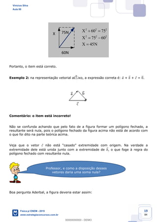 19
84
X
60N
2 2 2
2 2 2
60 75
75 60
45
X
X
X N
75N
Portanto, o item está correto.
Exemplo 2: na representação vetorial abaixo, a expressão correta é: + + = .
Comentário: o item está incorreto!
Não se confunda achando que pelo fato de a figura formar um polígono fechado, a
resultante será nula, pois o polígono fechado da figura acima não está de acordo com
o que foi dito na parte teórica acima.
Veja que o vetor
extremidade dele está unida junto com a extremidade de , o que foge à regra do
polígono fechado com resultante nula.
Boa pergunta Aderbal, a figura deveria estar assim:
Professor, e como a disposição desses
vetores daria uma soma nula?
Vinicius Silva
Aula 00
Física p/ ENEM - 2019
www.estrategiaconcursos.com.br
0
00000000000 - DEMO
0
 