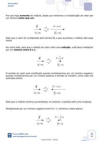 21
84
Pra que haja aumento do módulo, basta que tenhamos a multiplicação do vetor por
um número maior que um.
a
6a u
2b a
12b u
Note que o vetor foi multiplicado pelo número 2, o que aumentou o módulo dele duas
vezes.
Por outro lado, para que o módulo do vetor sofra uma redução, você deve multiplicar
por um número entre 0 e 1.
a
6a u
1
2
b a
3b u
O sentido do vetor será modificado quando multiplicarmos por um número negativo;
quando multiplicarmos por um número positivo o sentido se mantém, como visto nos
exemplos acima.
a
6a u
2b a
12b u
Note que o módulo continua aumentando, no entanto, o sentido sofre uma mudança.
Multiplicando por um número negativo entre 0 e -1, teríamos a ideia abaixo:
a
6a u
1
2
b a
3b u
Vinicius Silva
Aula 00
Física p/ ENEM - 2019
www.estrategiaconcursos.com.br
0
00000000000 - DEMO
 