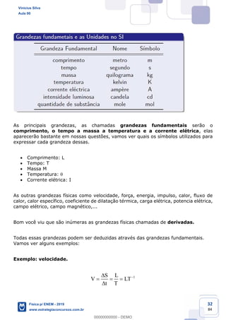 32
84
As principais grandezas, as chamadas grandezas fundamentais serão o
comprimento, o tempo a massa a temperatura e a corrente elétrica, elas
aparecerão bastante em nossas questões, vamos ver quais os símbolos utilizados para
expressar cada grandeza dessas.
Comprimento: L
Tempo: T
Massa M
Temperatura:
Corrente elétrica: I
As outras grandezas físicas como velocidade, força, energia, impulso, calor, fluxo de
calor, calor específico, coeficiente de dilatação térmica, carga elétrica, potencia elétrica,
campo elétrico, campo magnético,...
Bom você viu que são inúmeras as grandezas físicas chamadas de derivadas.
Todas essas grandezas podem ser deduzidas através das grandezas fundamentais.
Vamos ver alguns exemplos:
Exemplo: velocidade.
1S L
V LT
t T
Vinicius Silva
Aula 00
Física p/ ENEM - 2019
www.estrategiaconcursos.com.br
0
00000000000 - DEMO
 