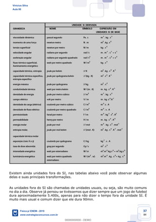 37
84
Existem ainda unidades fora do SI, nas tabelas abaixo você pode observar algumas
delas e suas principais transformações.
As unidades fora do SI são chamadas de unidades usuais, ou seja, são muito comuns
no dia a dia. Observe já pensou se tivéssemos que dizer sempre que um jogo de futebol
dura aproximadamente 5.400s, apenas para não dizer o tempo fora da unidade SI. É
muito mais usual e comum dizer que ele dura 90min.
Vinicius Silva
Aula 00
Física p/ ENEM - 2019
www.estrategiaconcursos.com.br
0
00000000000 - DEMO
 