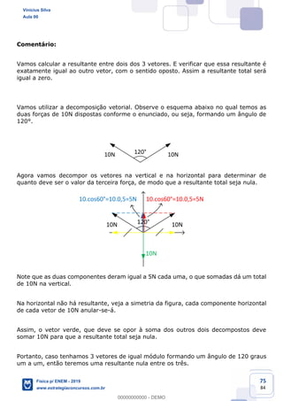75
84
Comentário:
Vamos calcular a resultante entre dois dos 3 vetores. E verificar que essa resultante é
exatamente igual ao outro vetor, com o sentido oposto. Assim a resultante total será
igual a zero.
Vamos utilizar a decomposição vetorial. Observe o esquema abaixo no qual temos as
duas forças de 10N dispostas conforme o enunciado, ou seja, formando um ângulo de
120°.
120°10N 10N
Agora vamos decompor os vetores na vertical e na horizontal para determinar de
quanto deve ser o valor da terceira força, de modo que a resultante total seja nula.
120°10N 10N
10.cos60°=10.0,5=5N 10.cos60°=10.0,5=5N
10N
Note que as duas componentes deram igual a 5N cada uma, o que somadas dá um total
de 10N na vertical.
Na horizontal não há resultante, veja a simetria da figura, cada componente horizontal
de cada vetor de 10N anular-se-á.
Assim, o vetor verde, que deve se opor à soma dos outros dois decompostos deve
somar 10N para que a resultante total seja nula.
Portanto, caso tenhamos 3 vetores de igual módulo formando um ângulo de 120 graus
um a um, então teremos uma resultante nula entre os três.
Vinicius Silva
Aula 00
Física p/ ENEM - 2019
www.estrategiaconcursos.com.br
0
00000000000 - DEMO
 