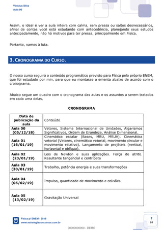 7
84
Assim, o ideal é ver a aula inteira com calma, sem pressa ou saltos desnecessários,
afinal de contas você está estudando com antecedência, planejando seus estudos
antecipadamente, não há motivos para ter pressa, principalmente em Física.
Portanto, vamos à luta.
3. CRONOGRAMA DO CURSO.
O nosso curso seguirá o conteúdo programático previsto para Física pelo próprio ENEM,
que foi estudado por min, para que eu montasse a ementa abaixo de acordo com o
cronograma.
Abaixo segue um quadro com o cronograma das aulas e os assuntos a serem tratados
em cada uma delas.
CRONOGRAMA
Data de
publicação da
aula
Conteúdo
Aula 00
(05/12/18)
Vetores, Sistema Internacional de Unidades, Algarismos
Significativos, Ordem de Grandeza, Análise Dimensional.
Aula 01
(16/01/19)
Cinemática escalar (Bases, MRU, MRUV). Cinemática
vetorial (Vetores, cinemática vetorial, movimento circular e
movimento relativo). Lançamento de projéteis (vertical,
horizontal e oblíquo).
Aula 02
(23/01/19)
Leis de Newton e suas aplicações. Força de atrito.
Resultante tangencial e centrípeta
Aula 03
(30/01/19)
Trabalho, potência energia e suas transformações
Aula 04
(06/02/19)
Impulso, quantidade de movimento e colisões
Aula 05
(13/02/19)
Gravitação Universal
Vinicius Silva
Aula 00
Física p/ ENEM - 2019
www.estrategiaconcursos.com.br
0
00000000000 - DEMO
 
