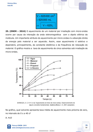 79
84
3
V 625000 cm
625000 mL
V 625L.
25. (ENEM 2016) O aquecimento de um material por irradiação com micro-ondas
ocorre por causa da interação da onda eletromagnética com o dipolo elétrico da
molécula. Um importante atributo do aquecimento por micro-ondas é a absorção direta
da energia pelo material a ser aquecido. Assim, esse aquecimento é seletivo e
dependerá, principalmente, da constante dielétrica e da frequência de relaxação do
material. O gráfico mostra a taxa de aquecimento de cinco solventes sob irradiação de
micro-ondas.
No gráfico, qual solvente apresenta taxa média de aquecimento mais próxima de zero,
no intervalo de 0 s a 40 s?
A. H2O
Vinicius Silva
Aula 00
Física p/ ENEM - 2019
www.estrategiaconcursos.com.br
0
00000000000 - DEMO
 