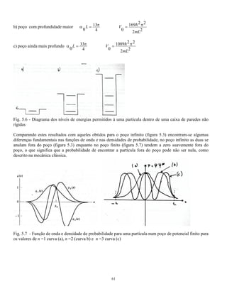 Fig. 5.3 - Função de onda e densidade de probabilidade para uma partícula num poço de potencial infinito 
para os valores de n =1 curva (a), n =2 (curva b) e n =3 curva (c) 
57 
5.4 POÇO DE POTENCIAL FINITO 
Tornando mais realístico o modelo de uma partícula num poço de potencial o suporemos de valor finito, ou 
seja, como se as paredes da caixa não fossem perfeitamente rígidas. 
Fig. 5.4. - Potencial para um poço finito de largura L 
A formulação é basicamente a mesma que no caso anterior, só que agora o potencial não é infinito, mas sim 
V0, então a função de onda fora do poço não é nula. Impondo esse valor à equação de Schrödinger chegamos 
à diferentes tipos de equações e, portanto, diferentes soluções em cada região. 
 