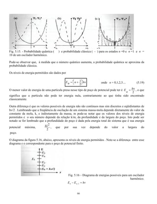 L = e nesse caso se  variar de 0 a 1 ,   0L variará de zero a 
2 2 
2 2 
60 
mV L 
h 
que 2 
2 
  ou seja   0L  . 
A título de exemplo suporemos   
0 4 
/4 e a tg( L ) 0 variará de zero a tg (/4) que é igual a 1. Na figura 5.5 o gráfico de f() em função de 
 de acordo com a equação (5.16) é representado pela linha tracejada e de acordo com a equação (5.17) pela 
linha contínua. Essa última apresenta uma descontinuidade no ponto  = 0,5. Nesse caso há somente uma 
solução, aquela correspondente ao ponto de cruzamento duas linhas, que acontece para  = 0,87, ou seja E = 
0,87V0. 
Fig. 5.5 - Gráfico de f() em função de  de acordo com as equações (5.16) e (5.17) 
Se for considerado um poço de potencial mais profundo, sendo a tangente uma função cíclica de seu 
argumento haverá mais pontos de intercessão entre as duas curvas o que dará origem a um maior número de 
soluções, ou seja , a um número maior de energias permitidas à partícula que está dentro da caixa de paredes 
não rígidas. 
Esquematicamente a solução do problema pode ser apresentada como no diagrama da figura 5.6, quanto mais 
profundo o poço mais níveis permitidos tem a partícula que está dentro dele. Os valores de V0 usados em 
cada caso são: 
a) poço raso   
=  
L = V h 
0 4 
0 mL 
 