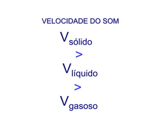 VELOCIDADE DO SOM
Vsólido
Vlíquido
Vgasoso
>
>
FÍSICA, 2º ANO
Tópico – ONDAS SONORAS
E EFEITO DOPPLER
FÍSICA,
 