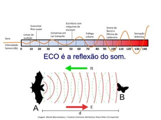 ECO é a reflexão do som.
FÍSICA, 2º ANO
Tópico – ONDAS SONORAS
E EFEITO DOPPLER
0 10 20 30 40 50 60 70 80 90 100 110 120 130 140
Sons
Intensidade
Sonora (db)
Limiar de
audição
Sussurose
Riso suave
Conversas em
Lar tranquilo
Escritório com
máquinas de
escrever
Tráfego
urbano
Sirene de
Barco e
Oficina de
calderaria
Sensação
dolorosa
Imagem: Marek Mazurkiewicz / Creative Commons Attribution-Share Alike 3.0 Unported.
 
