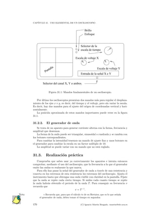 CAP´ITULO 31. USO ELEMENTAL DE UN OSCILOSCOPIO
escala de tiempo
Selector de la
Enfoque
Escala de voltaje X
Escala de voltaje Y
Entrada de la señal X e Y
Selector del canal X, Y o ambos.
Pantalla
Brillo
Figura 31.1: Mandos fundamentales de un osciloscopio.
Por ´ultimo los osciloscopios presentan dos mandos m´as para regular el desplaza-
miento de los ejes x e y, es decir, del tiempo y el voltaje, pero sin variar la escala.
Es decir, hay dos mandos para el ajuste del origen de coordenadas vertical y hori-
zontalmente.
La posici´on aproximada de estos mandos importantes puede verse en la ﬁgura
31.1.
31.2.2. El generador de onda
Se trata de un aparato para generar corriente alterna con la forma, frecuencia y
amplitud que deseemos.
La forma de la onda puede ser triangular, sinusoidal o cuadrada y se cambia con
los botones correspondientes.
Para cambiar la intensidad tenemos un mando de ajuste ﬁno y unos botones en
el generador para cambiar la escala en un factor m´ultiplo de 10.
La amplitud se puede variar con un mando que no est´a reglado.
31.3. Realizaci´on pr´actica
Comprueba que sabes usar ya correctamente los aparatos e intenta entonces
comprobar, mediante el uso del osciloscopio, que la frecuencia a la que el generador
emite las ondas es realmente la que marca.
Para ello haz pasar la se˜nal del generador de onda a trav´es de una resistencia y
conecta en los extremos de esta resistencia los extremos del osciloscopio. Ajusta el
instrumento hasta que obtengas una onda visible con claridad en la pantalla. F´ıjate
que la onda se repite cada cierto tiempo. Si mides cada cuanto tiempo se repite
la onda habr´as obtenido el periodo de la onda T. Para conseguir su frecuencia ν
recuerda que
ν = T−1
.
Recuerda que, para que el c´alculo te de en Hertzios, que es lo que se˜nalaNota
el generador de onda, debes tomar el tiempo en segundos.
170 (C) Ignacio Mart´ın Bragado. imartin@ele.uva.es
 