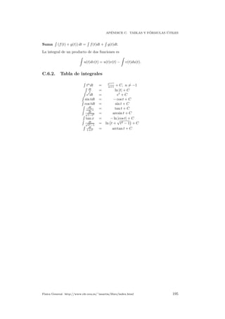 AP´ENDICE C. TABLAS Y F ´ORMULAS ´UTILES
Suma (f(t) + g(t)) dt = f(t)dt + g(t)dt.
La integral de un producto de dos funciones es
u(t)dv(t) = u(t)v(t) − v(t)du(t).
C.6.2. Tabla de integrales
tn
dt = tn+1
n+1 + C, n = −1
dt
t = ln |t| + C
et
dt = et
+ C
sin tdt = − cos t + C
cos tdt = sin t + C
dt
cos2 t = tan t + C
dt√
1−t2
= arcsin t + C
tan x = − ln |cos t| + C
dt√
t2−1
= ln t +
√
t2 − 1 + C
dt
1+t2 = arctan t + C
F´ısica General. http://www.ele.uva.es/˜imartin/libro/index.html 195
 