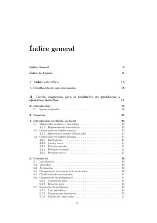 ´Indice general
´Indice General 3
´Indice de Figuras 11
I Sobre este libro 13
1. Distribuci´on de este documento 15
II Teor´ıa, esquemas para la resoluci´on de problemas y
ejercicios resueltos 17
2. Introducci´on 19
2.1. Signos empleados . . . . . . . . . . . . . . . . . . . . . . . . . . . . . 19
3. Esquema 21
4. Introducci´on al c´alculo vectorial 23
4.1. Magnitudes escalares y vectoriales . . . . . . . . . . . . . . . . . . . 23
4.1.1. Representaci´on matem´atica . . . . . . . . . . . . . . . . . . . 23
4.2. Operaciones vectoriales unarias . . . . . . . . . . . . . . . . . . . . . 23
4.2.1. Operaciones unarias diferenciales . . . . . . . . . . . . . . . . 24
4.3. Operaciones vectoriales binarias . . . . . . . . . . . . . . . . . . . . . 24
4.3.1. Equivalencia . . . . . . . . . . . . . . . . . . . . . . . . . . . 24
4.3.2. Suma y resta . . . . . . . . . . . . . . . . . . . . . . . . . . . 24
4.3.3. Producto escalar . . . . . . . . . . . . . . . . . . . . . . . . . 25
4.3.4. Producto vectorial . . . . . . . . . . . . . . . . . . . . . . . . 25
4.3.5. Producto mixto . . . . . . . . . . . . . . . . . . . . . . . . . . 27
5. Cinem´atica 29
5.1. Introducci´on . . . . . . . . . . . . . . . . . . . . . . . . . . . . . . . . 29
5.2. Velocidad . . . . . . . . . . . . . . . . . . . . . . . . . . . . . . . . . 29
5.3. Aceleraci´on . . . . . . . . . . . . . . . . . . . . . . . . . . . . . . . . 30
5.4. Componentes intr´ınsecas de la aceleraci´on . . . . . . . . . . . . . . . 30
5.5. Clasiﬁcaci´on de movimientos . . . . . . . . . . . . . . . . . . . . . . 31
5.6. Composici´on de movimientos . . . . . . . . . . . . . . . . . . . . . . 31
5.6.1. Translaci´on pura . . . . . . . . . . . . . . . . . . . . . . . . . 31
5.6.2. Rotaci´on pura . . . . . . . . . . . . . . . . . . . . . . . . . . 32
5.7. Resoluci´on de problemas . . . . . . . . . . . . . . . . . . . . . . . . . 33
5.7.1. Tiro parab´olico . . . . . . . . . . . . . . . . . . . . . . . . . . 33
5.7.2. Componentes intr´ınsecas . . . . . . . . . . . . . . . . . . . . . 33
5.7.3. C´alculo de trayectorias . . . . . . . . . . . . . . . . . . . . . . 34
3
 