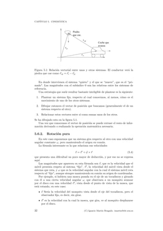 CAP´ITULO 5. CINEM´ATICA
Piedra
que cae.
Coche que
avanza
r
r
r
c
p
cp
Figura 5.1: Relaci´on vectorial entre unos y otros sistemas. El conductor ver´a la
piedra que cae como rcp = rc − rp.
En donde intervienen el sistema “quieto” y el que se “mueve”, que es el “pri-
mado”. Las magnitudes con el sub´ındice 0 son las relativas entre los sistemas de
referencia.
Una estrategia que suele resultar bastante inteligible de plantear es la siguiente:
1. Plantear un sistema ﬁjo, respecto al cual conocemos, al menos, c´omo es el
movimiento de uno de los otros sistemas.
2. Dibujar entonces el vector de posici´on que buscamos (generalmente el de un
sistema respecto al otro).
3. Relacionar estos vectores entre s´ı como sumas unos de los otros.
Se ha dibujado esto en la ﬁgura 5.1.
Una vez que conocemos el vector de posici´on se puede extraer el resto de infor-
maci´on derivando o realizando la operaci´on matem´atica necesaria.
5.6.2. Rotaci´on pura
En este caso suponemos que un sistema gira respecto al otro con una velocidad
angular constante ω, pero manteniendo el origen en com´un.
La f´ormula interesante es la que relaciona sus velocidades
v = v + ω × r (5.4)
que presenta una diﬁcultad un poco mayor de deducci´on, y por eso no se expresa
aqu´ı.
Las magnitudes que aparecen en esta f´ormula son v, que es la velocidad que el
m´ovil presenta respeto al sistema “ﬁjo”. v , la velocidad del m´ovil vista desde el
sistema que rota, y ω que es la velocidad angular con la cual el sistema m´ovil rota
respecto al “ﬁjo”, aunque siempre manteniendo en com´un su origen de coordenadas.
Por ejemplo, si hubiera una mosca posada en el eje de un tocadiscos y girando
con ´el a una cierta velocidad angular ω, que observara a un mosquito avanzar
por el disco con una velocidad v , vista desde el punto de vista de la mosca, que
est´a rotando, en este caso:
v Ser´ıa la velocidad del mosquito vista desde el eje del tocadiscos, pero el
observador ﬁjo, es decir, sin girar.
v es la velocidad con la cual la mosca, que gira, ve al mosquito desplazarse
por el disco.
32 (C) Ignacio Mart´ın Bragado. imartin@ele.uva.es
 