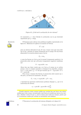 CAP´ITULO 6. DIN´AMICA
α β
1
2
µ µ
1 2
m
m
Figura 6.2: ¿Cu´al ser´a la aceleraci´on de este sistema?
de rozamiento µ = 0,2. Calcular la aceleraci´on con la que desciende
suponiendo que g = 9,8 m
s2 .
R Tomemos para enfocar este problema el gr´aﬁco representado en laResoluci´on
ﬁgura 6.1. Habremos de aplicar la ecuaci´on de Newton
F = ma
para un sistema adecuado de ejes. Se van a tomar como ejes unos tales
que el eje x presente la misma inclinaci´on que la rampa. De esta forma
planteando la ecuaci´on primero para el eje y:
Fy = may
y como las fuerzas en el eje y son la normal (componente positiva) y la
proyecci´on sobre este eje y del peso (componente negativa) tendremos
que
N − mg cos 30 = ma.
Ahora hay que darse cuenta que, en el eje y el cuerpo no se acelera
porque, como en ning´un momento se despega de la superﬁcie, siempre
su y = y, por tanto, ay = 0. As´ı que tenemos que N − mg cos 30 = 0 ⇒
N = mg cos 30.
Para el eje x tenemos dos fuerzas, la proyecci´on sobre nuestro eje x
del peso y la fuerza de rozamiento. As´ı pues
Fx = max ⇒ mg sin 30 − µN = max
y haciendo las oportunas sustituciones podemos despejar ax, que es la
aceleraci´on del sistema.
ax = g sin 30 − µg cos 30 ≈ 3,2
m
s2
.
Cuando aparecen varios cuerpos unidos por cuerdas hay que hacer este mismo
an´alisis para cada cuerpo, incorporando como fuerza la tensi´on que ejercen las cuer-
das y d´andose cuenta de que ax ser´a la misma para todos los cuerpos, puesto que
si se encuentran unidos por cuerdas su movimiento ser´a solidario.
P Encontrar la aceleraci´on del sistema dibujado en la ﬁgura 6.2.Problema
40 (C) Ignacio Mart´ın Bragado. imartin@ele.uva.es
 