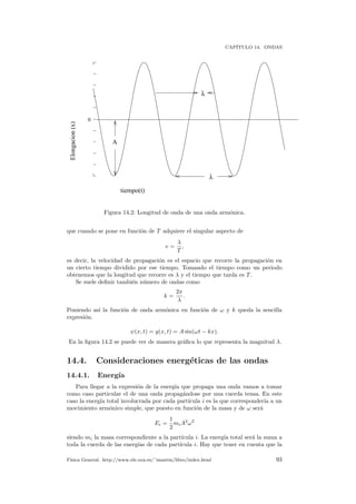 CAP´ITULO 14. ONDAS
0
Elongacion(x)
tiempo(t)
λ
λ
A
Figura 14.2: Longitud de onda de una onda arm´onica.
que cuando se pone en funci´on de T adquiere el singular aspecto de
v =
λ
T
,
es decir, la velocidad de propagaci´on es el espacio que recorre la propagaci´on en
un cierto tiempo dividido por ese tiempo. Tomando el tiempo como un periodo
obtenemos que la longitud que recorre es λ y el tiempo que tarda es T.
Se suele deﬁnir tambi´en n´umero de ondas como
k =
2π
λ
.
Poniendo as´ı la funci´on de onda arm´onica en funci´on de ω y k queda la sencilla
expresi´on.
ψ(x, t) = y(x, t) = A sin(ωt − kx).
En la ﬁgura 14.2 se puede ver de manera gr´aﬁca lo que representa la magnitud λ.
14.4. Consideraciones energ´eticas de las ondas
14.4.1. Energ´ıa
Para llegar a la expresi´on de la energ´ıa que propaga una onda vamos a tomar
como caso particular el de una onda propag´andose por una cuerda tensa. En este
caso la energ´ıa total involucrada por cada part´ıcula i es la que corresponder´ıa a un
movimiento arm´onico simple, que puesto en funci´on de la masa y de ω ser´a
Ei =
1
2
miA2
ω2
siendo mi la masa correspondiente a la part´ıcula i. La energ´ıa total ser´a la suma a
toda la cuerda de las energ´ıas de cada part´ıcula i. Hay que tener en cuenta que la
F´ısica General. http://www.ele.uva.es/˜imartin/libro/index.html 93
 