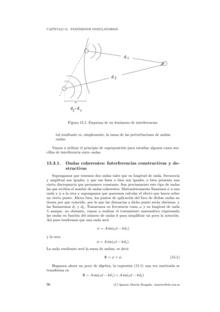 CAP´ITULO 15. FEN ´OMENOS ONDULATORIOS
d
d
2
1
d - d2 1
Figura 15.1: Esquema de un fen´omeno de interferencias.
tal resultante es, simplemente, la suma de las perturbaciones de ambas
ondas.
Vamos a utilizar el principio de superposici´on para estudiar algunos casos sen-
cillos de interferencia entre ondas.
15.3.1. Ondas coherentes: Interferencias constructivas y de-
structivas
Supongamos que tenemos dos ondas tales que su longitud de onda, frecuencia
y amplitud son iguales, y que sus fases o bien son iguales, o bien presenta una
cierta discrepancia que permanece constante. Son precisamente este tipo de ondas
las que reciben el nombre de ondas coherentes. Matem´aticamente llamemos ψ a una
onda y φ a la otra y supongamos que queremos calcular el efecto que hacen sobre
un cierto punto. Ahora bien, los puntos de aplicaci´on del foco de dichas ondas no
tienen por que coincidir, por lo que las distancias a dicho punto ser´an distintas, y
las llamaremos d1 y d2. Tomaremos su frecuencia como ω y su longitud de onda
λ aunque, no obstante, vamos a realizar el tratamiento matem´atico expresando
las ondas en funci´on del n´umero de ondas k para simpliﬁcar un poco la notaci´on.
As´ı pues tendremos que una onda ser´a
ψ = A sin(ωt − kd1)
y la otra
φ = A sin(ωt − kd2).
La onda resultante ser´a la suma de ambas, es decir
Ψ = ψ + φ. (15.1)
Hagamos ahora un poco de ´algebra, la expresi´on (15.1) una vez sustituida se
transforma en
Ψ = A sin(ωt − kd1) + A sin(ωt − kd2)
96 (C) Ignacio Mart´ın Bragado. imartin@ele.uva.es
 