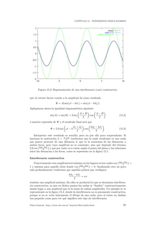 CAP´ITULO 15. FEN ´OMENOS ONDULATORIOS
-2
-1.5
-1
-0.5
0
0.5
1
1.5
2
-10 -5 0 5 10
sin(x)
sin(x+.1)
sin(x)+sin(x+.1)
Figura 15.2: Representaci´on de una interferencia (casi) constructiva.
que al extraer factor com´un a la amplitud da como resultado
Ψ = A(sin(ωt − kd1) + sin(ωt − kd2)).
Apliquemos ahora la igualdad trigonom´etrica siguiente
sin(A) + sin(B) = 2 sin
A + B
2
cos
A − B
2
(15.2)
a nuestra expresi´on de Ψ y el resultado ﬁnal ser´a que
Ψ = 2A sin ωt − k
d1 + d2
2
cos
kd2 − kd1
2
. (15.3)
Interpretar este resultado es sencillo, pero no por ello poco sorprendente. Si
hacemos la sustituci´on d = d1+d2
2 tendremos que la onda resultante es una onda
que parece provenir de una distancia d, que es la semisuma de las distancias a
ambos focos, pero cuya amplitud no es constante, sino que depende del t´ermino
2A cos kd2−kd1
2 y que por tanto va a variar seg´un el punto del plano y las relaciones
entre las distancias a los focos, como se representa en la ﬁgura 15.1.
Interferencia constructiva
Concretamente esta amplitud ser´a m´axima en los lugares en los cuales cos kd2−kd1
2 =
1 y m´ınima para aquello sitios donde cos kd2−kd1
2 = 0. Analizando esto un poco
m´as profundamente tendremos que aquellos puntos que veriﬁquen
kd2 − kd1
2
= nπ
tendr´an una amplitud m´axima. En ellos se producir´a lo que se denomina interferen-
cia constructiva, ya que en dichos puntos las ondas se “funden” constructivamente
dando lugar a una amplitud que es la suma de ambas amplitudes. Un ejemplo se ve
representado en la ﬁgura 15.2, donde la interferencia no es puramente constructiva,
porque si no se ver´ıa ´unicamente el dibujo de una onda, pero s´ı existe un desfase
tan peque˜no como para ver qu´e signiﬁca este tipo de interferencia.
F´ısica General. http://www.ele.uva.es/˜imartin/libro/index.html 97
 
