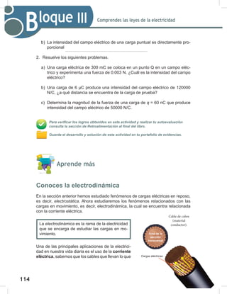 114
116
Comprendes las leyes de la electricidad
Bloque III
b) La intensidad del campo eléctrico de una carga puntual es directamente pro-
porcional
2. Resuelve los siguientes problemas.
a) Una carga eléctrica de 300 mC se coloca en un punto Q en un campo eléc-
trico y experimenta una fuerza de 0.003 N. ¿Cuál es la intensidad del campo
eléctrico?
b) Una carga de 6 μC produce una intensidad del campo eléctrico de 120000
N/C, ¿a qué distancia se encuentra de la carga de prueba?
c) Determina la magnitud de la fuerza de una carga de q = 60 nC que produce
intensidad del campo eléctrico de 50000 N/C.
Para verificar los logros obtenidos en esta actividad y realizar tu autoevaluación
consulta la sección de Retroalimentación al final del libro.
Guarda el desarrollo y solución de esta actividad en tu portafolio de evidencias.
Aprende más
Conoces la electrodinámica
En la sección anterior hemos estudiado fenómenos de cargas eléctricas en reposo,
es decir, electrostática. Ahora estudiaremos los fenómenos relacionados con las
cargas en movimiento, es decir, electrodinámica, la cual se encuentra relacionada
con la corriente eléctrica.
Una de las principales aplicaciones de la electrici-
dad en nuestra vida diaria es el uso de la corriente
eléctrica, sabemos que los cables que llevan lo que
La electrodinámica es la rama de la electricidad
que se encarga de estudiar las cargas en mo-
vimiento.
e−
e−
e−
e−
e−
e−
e−
e−
e−
e−
e−
e−
e−
e−
e−
e−
e−
e−
e−
e−
e−
e−
e−
e−
e−
Cargas eléctricas
Área de la
sección
transversal
Cable de cobre
(material
conductor).
 
