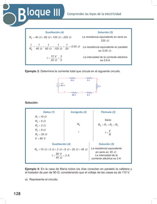 128
130
Comprendes las leyes de la electricidad
Bloque III
Ejemplo 3: Determina la corriente total que circula en el siguiente circuito.
Solución:
Ejemplo 4: En la casa de María todos los días conectan en paralelo la cafetera y
el tostador de pan de 90 Ω; considerando que el voltaje de las casas es de 110 V:
a) Representa el circuito.
Sustitución (4) Solución (5)
E
R 40 60 120 220
Ω Ω Ω Ω
= + + =
E
1 1 1 1 1
0.05
R 40 60 120 20
Ω
Ω Ω Ω
= + + = =
12 V 3
I
20 5
Ω
= =
La	resistencia	equivalente	en	serie	es
220 Ω .
La	resistencia	equivalente	en	paralelo	
es	0.05 Ω .
La	intensidad	de	la	corriente	eléctrica	
es	0.6	A.
Datos (1) Incógnita (2) Fórmula (3)
1
R 10 Ω
=
2
R 5 Ω
=
3
R 2 Ω
=
4
R 8 Ω
=
5
R 20 Ω
=
V 90 V
=
E
R
I
Serie:
																															
E 1 2 3
R R R R
= + +
V
I
R
=
Sustitución (4) Solución (5)
E
R 10 5 2 8 20 45
Ω Ω Ω Ω Ω Ω
= + + + + =
90 V
I 2 A
45 Ω
= =
La	resistencia	equivalente	
en	serie	es	45 Ω .
La	intensidad	de	la	
corriente	eléctrica	es	2	A.
 