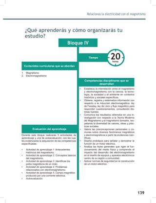 139
141
Relacionas la electricidad con el magnetismo
Bloque IV
1. Magnetismo
2. Electromagnetismo
Durante este bloque realizarás 5 actividades de
aprendizaje y una de autoevaluación, con las cua-
les evidenciarás la adquisición de las competencias
específicadas:
•	 Actividad	de	aprendizaje	1. Antecedentes
históricos del magnetismo.
•	 Actividad	de	aprendizaje	2.	Conceptos básicos
del magnetismo.
•	 Actividad	de	aprendizaje	3.	Identificas los
polos magnéticos de un imán.
•	 Actividad	de	aprendizaje	4. Problemas
relacionados con electromagnetismo.
•	 Actividad	de	aprendizaje	5.	Campo magnético
producido por una corriente eléctrica.
•	 Autoevaluación.
Contenidos curriculares que se abordan
Tiempo
Evaluación del aprendizaje
20
horas
• Establece la interrelación entre el magnetismo
y electromagnetismo con la ciencia, la tecno-
logía, la sociedad y el ambiente en contextos
históricos y sociales específicos.
• Obtiene, registra y sistematiza información con
respecto a la inducción electromagnética, ley
de Faraday, ley de Lenz y flujo magnético para
responder cuestionamientos, consultando dis-
tintas fuentes.
• Comunica los resultados obtenidos en una in-
vestigación con respecto a la Teoría Moderna
del Magnetismo y el magnetismo terrestre, res-
petando la diversidad de valores, ideas y prác-
ticas sociales.
• Valora las preconcepciones personales o co-
munes sobre diversos fenómenos magnéticos
y electromagnéticos a partir de evidencias cien-
tíficas.
• Diseña prototipos para señalar y demostrar la
función de un motor eléctrico.
• Analiza las leyes generales que rigen el fun-
cionamiento del medio físico y comprende el
impacto del desarrollo del electromagnetismo
en el diseño de equipos y aparatos electrónicos
centro de su región o comunidad.
• Aplicar normas de seguridad en la construcción
de un motor eléctrico.
Competencias disciplinares que se
desarrollan
¿Qué aprenderás y cómo organizarás tu
estudio?
 