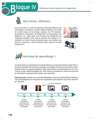 140
142
Bloque IV Relacionas la electricidad con el magnetismo
Para iniciar, reflexiona
Hoy día existen un sinfín de aparatos electrodomésticos que
nos facilitan y simplifican nuestro trabajo cotidiano, los vemos
en nuestra casa, en la escuela, parques, etc. Por ejemplo,
la licuadora, la televisión, el refrigerador, la computadora, los
teléfonos, etc. ¿Qué hace que la puerta del refrigerador se
mantenga cerrada? ¿Por qué al conectar la licuadora y en-
cenderla, el motor funciona haciendo girar las cuchillas que
trituran el alimento? ¿Qué fenómeno físico actúa en ambas
situaciones?
Actividad de aprendizaje 1
La electricidad y el magnetismo se desarrollaron por separado hasta el siglo XVIII, a
principio del siglo XIX cuando se empezó a investigar la influencia que tenía la elec-
tricidad sobre una aguja magnética. Este experimento fue estimulado por la inven-
ción de la pila voltaica alrededor de 1800. Revisa el apéndice 2 donde encontrarás
la información necesaria para realizar esta actividad.
Instrucciones: Realiza una consulta bibliográfica sobre los antecedentes históricos
más sobresalientes en el estudio del magnetismo para elaborar una línea del tiem-
po. Ejemplo:
Uso de imágenes
Año Año Año Año
Fechas
importantes,
descripción de
acontecimientos,
personajes.
Fechas
importantes,
descripción de
acontecimientos,
personajes.
Fechas
importantes,
descripción de
acontecimientos,
personajes.
Fechas
importantes,
descripción de
acontecimientos,
personajes.
 