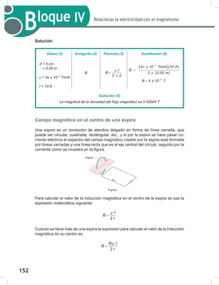 152
154
Bloque IV Relacionas la electricidad con el magnetismo
Solución:
Campo magnético en el centro de una espira
Una espira es un conductor de alambre delgado en forma de línea cerrada, que
puede ser circular, cuadrada, rectángular, etc., y si por la espira se hace pasar co-
rriente eléctrica el espectro del campo magnético creado por la espira está formada
por líneas cerradas y una línea recta que es el eje central del círculo, seguido por la
corriente como se muestra en la figura.
Para calcular el valor de la inducción magnética en el centro de la espira se usa la
expresión matemática siguiente:
2
I
B
r
µ
=
Cuando se tiene más de una espira la expresión para calcular el valor de la inducción
magnética en su centro es:
2
N I
B
r
µ
=
Datos (1) Incógnita (2) Fórmula (3) Sustitución (4)
d	=	5	cm
			=	0.05	m
μ	=	4π	x	10−7
	Tm/A
I	=	10	A
B
I
B
2 d
µ
π
=
( )( )
( )
7
4 x 10 Tm/A 10 A
B
2 0.05 m
π
π
−
=
5
B 4 x 10 T
−
=
Solución (5)
La	magnitud	de	la	densidad	del	flujo	magnético	es	0.00004	T
Espira.
Espira
 
