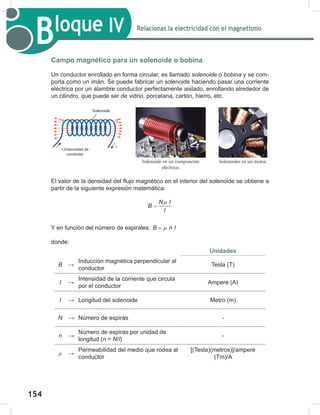154
156
Bloque IV Relacionas la electricidad con el magnetismo
Campo magnético para un solenoide o bobina
Un conductor enrollado en forma circular, es llamado solenoide o bobina y se com-
porta como un imán. Se puede fabricar un solenoide haciendo pasar una corriente
eléctrica por un alambre conductor perfectamente aislado, enrollando alrededor de
un cilindro, que puede ser de vidrio, porcelana, cartón, hierro, etc.
El valor de la densidad del flujo magnético en el interior del solenoide se obtiene a
partir de la siguiente expresión matemática:
N I
B
l
µ
=
Y en función del número de espirales: B n l
µ
=
donde:
Unidades
B →
Inducción magnética perpendicular al
conductor
Tesla (T)
I →
Intensidad de la corriente que circula
por el conductor
Ampere (A)
l → Longitud del solenoide Metro (m)
N → Número de espiras -
n →
Número de espiras por unidad de
longitud (n = N/l)
-
μ →
Permeabilidad del medio que rodea al
conductor
[(Tesla)(metros)]/ampere
(Tm)/A
Solenoide
l	(Intensidad	de	
corriente)
l
Solenoide en un componente
eléctrico.
Solenoides en un motor.
 