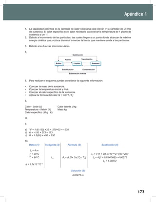 173
175
1. La capacidad calorífica es la cantidad de calor necesaria para elevar 1° la cantidad de un mol
de sustancia. El calor específico es el calor necesario para elevar la temperatura de 1 gramo de
sustancia a un 1°.
2. Debido al movimiento de las partículas, las cuales llegan a un punto donde alcanzan la máxima
energía cinética que produce disminuir o vencer la fuerza que mantiene unida a las partículas.
3. Debido a las fuerzas intermoleculares.
4.
5. Para realizar el esquema puedes considerar la siguiente información:
• Conocer la masa de la sustancia.
• Conocer la temperatura inicial y final.
• Conocer el calor específico de la sustancia.
• Aplicar la fórmula del calor Q		
=	mC(Tf
−Ti
)
6.
Calor - Joule (J)
Temperatura - Kelvin (K)
Calor específico (J/kg ∙	K)
III.
9.
a)	 °F	=	1.8(-150)	+32	=	-270+32	=	−238
b)	 K	=	−100	+	273	=	173
c)	 R	=	1.8(80)	+	492	=	636
10.
Datos (1) Incógnita (2) Fórmula (3) Sustitución (4)
Li
	=	4	m
Ti
	=	20°C
Tf
	=	60°C
α	=	1.7x10−5
°C−1
LF
Af		
= Ai
	[1+	2α(	Tf	
− Ti	
)]
Lf		
= 4	[1	+	2(1.7x10−5
°C−1
)(60	
−20)]
Lf		
= 4	[1	+	0.0.00068]	=	4.00272
Lf		
= 4.00272
Solución (5)
4.00272	m
Calor latente J/kg
Masa kg
Apéndice 1
 