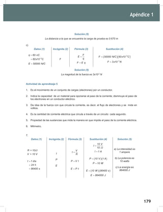 179
181
Solución (5)
La	distancia	a	la	que	se	encuentra	la	carga	de	prueba	es	0.670	m
c)
Datos (1) Incógnita (2) Fórmula (3) Sustitución (4)
9
q 60 nC
60x10 C
−
=
=
E 50000 N/C
=
F
F
E
q
=
F E q
=
( )( )
9
F 50000 N/C 60x10 C
−
=
3
F 3x10 N
−
=
Solución (5)
La	magnitud	de	la	fuerza	es	3x10-3
	N
Actividad de aprendizaje 5
1. Es el movimiento de un conjunto de cargas (electrones) por un conductor.
2. Indica la capacidad de un material para oponerse al paso de la corriente; disminuye el paso de
los electrones en un conductor eléctrico.
3. Da idea de la fuerza con que circula la corriente, es decir, el flujo de electrones y se mide en
voltios.
4. Es la cantidad de corriente eléctrica que circula a través de un circuito cada segundo.
5. Propiedad de las sustancias que mide la manera en que impide el paso de la corriente eléctrica.
6. Milímetro.
7.
Datos (1) Incógnita (2) Fórmula (3) Sustitución (4) Solución (5)
R = 10
V = 10 V
Ω
t 1 día
24 h
864
t
0 s
t 0
=
=
=
I
P
E
V
I
R
=
P V I
=
E P t
=
10 V
I
10 Ω
=
I 1 A
=
( )( )
P 10 V 1 A
=
P 10 W
=
( )( )
E 10 W 86400 s
=
E 864000 J
=
a)	La	intensidad	es	
1	ampere
b)	La	potencia	es	
10	watts		
c)	La	energía	es	
864000	J
Apéndice 1
 