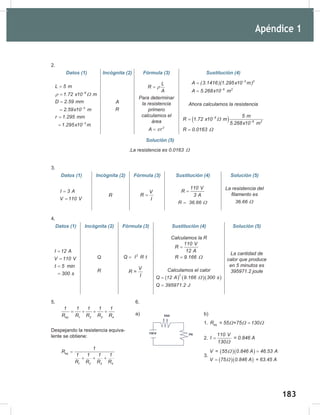 183
185
2.
Datos (1) Incógnita (2) Fórmula (3) Sustitución (4)
8
3
3
L 5 m
1.72 x10 m
D 2.59 mm
2.59x10 m
r 1.295 mm
1.295x10 m
ρ Ω
−
−
−
=
=
=
=
=
=
A
R
L
R
A
ρ
=
Para	determinar	
la	resistencia	
primero	
calculamos	el	
área
2
A r
π
=
3 2
6 2
A (3.1416)(1.295x10 m)
A 5.268x10 m
−
−
=
=
Ahora	calculamos	la	resistencia
( )
8
6 2
5 m
R 1.72 x10 m
5.268x10 m
R 0.0163
Ω
Ω
−
−
=
=
Solución (5)
.La	resistencia	es	0.0163	 Ω
3.
Datos (1) Incógnita (2) Fórmula (3) Sustitución (4) Solución (5)
I 3 A
V 110 V
=
=
R
V
R
I
=
110 V
R
3 A
=
R 36.66 Ω
=
La	resistencia	del	
filamento	es
36.66 Ω
4.
Datos (1) Incógnita (2) Fórmula (3) Sustitución (4) Solución (5)
I 12 A
V 110 V
t 5 min
300 s
=
=
=
=
Q
R
2
Q I R t
=
V
R =
I
Calculamos	la	R
110 V
R
12 A
R 9.166 Ω
=
=
Calculamos	el	calor
( ) ( )( )
2
Q 12 A 9.166 300 s
Q 395971.2 J
Ω
=
=
La	cantidad	de	
calor	que	produce	
en	5	minutos	es	
395971.2	joule
Apéndice 1
6.
a) b)
1. eq
R = 55 +75 130
Ω Ω Ω
=
2.
110 V
I = 0.846 A
130Ω
=
3.
( )( )
( )( )
V = 55 0.846 A 46.53 A
V 75 0.846 A = 63.45 A
Ω
Ω
=
=
5.
eq 1 2 3 4
1 1 1 1 1
R R R R R
= + + +
Despejando la resistencia equiva-
lente se obtiene:
eq
1 2 3 4
1
R
1 1 1 1
R R R R
=
+ + +
 