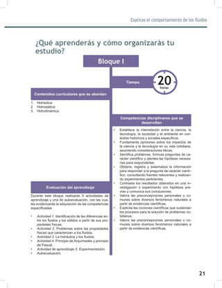 21
Explicas el comportamiento de los fluidos
23
Bloque I
1. Hidráulica
2. Hidrostática
3. Hidrodinámica
Durante este bloque realizarás 5 actividades de
aprendizaje y una de autoevaluación, con las cua-
les evidenciarás la adquisición de las competencias
específicadas:
•	 Actividad	1. Identificación de las diferencias en-
tre los fluidos y los sólidos a partir de sus pro-
piedades físicas.
•	 Actividad	2. Problemas sobre las propiedades
físicas que caracterizan a los fluidos.
•	 Actividad	3. La hidráulica y los fluidos.
•	 Actividad	4. Principio de Arquímedes y principio
de Pascal.
•	 Actividad	de	aprendizaje	5.	Experimentación.
•	 Autoevaluación.
Contenidos curriculares que se abordan
Tiempo
Evaluación del aprendizaje
20
horas
• Establece la interrelación entre la ciencia, la
tecnología, la sociedad y el ambiente en con-
textos históricos y sociales específicos.
• Fundamenta opiniones sobre los impactos de
la ciencia y la tecnología en su vida cotidiana,
asumiendo consideraciones éticas.
• Identifica problemas, formula preguntas de ca-
rácter científico y plantea las hipótesis necesa-
rias para responderlas.
• Obtiene, registra y sistematiza la información
para responder a la pregunta de carácter cientí-
fico, consultando fuentes relevantes y realizan-
do experimentos pertinentes.
• Contrasta los resultados obtenidos en una in-
vestigación o experimento con hipótesis pre-
vias y comunica sus conclusiones.
• Valora las preconcepciones personales o co-
munes sobre diversos fenómenos naturales a
partir de evidencias científicas.
• Explicita las nociones científicas que sustentan
los procesos para la solución de problemas co-
tidianos.
• Valora las preconcepciones personales o co-
munes sobre diversos fenómenos naturales a
partir de evidencias científicas.
Competencias disciplinares que se
desarrollan
¿Qué aprenderás y cómo organizarás tu
estudio?
 