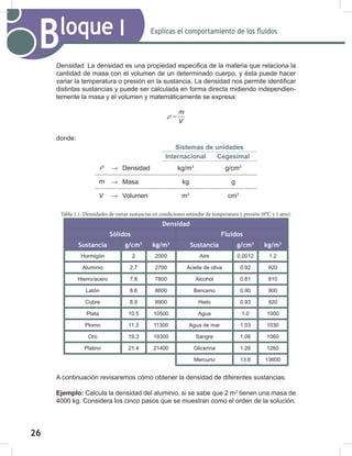 26
28
Explicas el comportamiento de los fluidos
Bloque I
Densidad.	La densidad es una propiedad especifica de la materia que relaciona la
cantidad de masa con el volumen de un determinado cuerpo, y ésta puede hacer
variar la temperatura o presión en la sustancia. La densidad nos permite identificar
distintas sustancias y puede ser calculada en forma directa midiendo independien-
temente la masa y el volumen y matemáticamente se expresa:
m
V
ρ =
donde:
Sistemas de unidades
Internacional Cegesimal
ρ → Densidad kg/m3
g/cm3
m → Masa kg g
V → Volumen m3
cm3
Densidad
Sólidos Fluidos
Sustancia g/cm3
kg/m3
Sustancia g/cm3
kg/m3
Hormigón 2 2000 Aire 0.0012 1.2
Aluminio 2.7 2700 Aceite de oliva 0.92 920
Hierro/acero 7.8 7800 Alcohol 0.81 810
Latón 8.6 8600 Benceno 0.90 900
Cobre 8.9 8900 Hielo 0.93 920
Plata 10.5 10500 Agua 1.0 1000
Plomo 11.3 11300 Agua de mar 1.03 1030
Oro 19.3 19300 Sangre 1.06 1060
Platino 21.4 21400 Glicerina 1.26 1260
Mercurio 13.6 13600
A continuación revisaremos cómo obtener la densidad de diferentes sustancias.
Ejemplo: Calcula la densidad del aluminio, si se sabe que 2 m3
tienen una masa de
4000 kg. Considera los cinco pasos que se muestran como el orden de la solución.
Tabla 1.1. Densidades de varias sustancias en condiciones estándar de temperatura y presión (0°C y 1 atm).
 