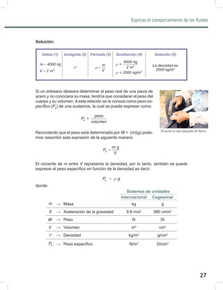 27
Explicas el comportamiento de los fluidos
29
Solución:
Si un artesano deseara determinar el peso real de una pieza de
acero y no conociera su masa, tendría que considerar el peso del
cuerpo y su volumen. A esta relación se le conoce como peso	es-
pecífico (Pe
) de una sustancia, la cual se puede expresar como:
e
peso
P
volumen
=
Recordando que el peso está determinado por W = (m)(g) pode-
mos reescribir esta expresión de la siguiente manera:
e
m g
P
V
=
El cociente de m entre V representa la densidad, por lo tanto, también se puede
expresar el peso específico en función de la densidad es decir:
e
P g
ρ
=
donde:
Sistemas de unidades
Internacional Cegesimal
m → Masa kg g
g → Aceleración de la gravedad 9.8 m/s2
980 cm/s2
W → Peso N Di
V → Volumen m3
cm3
ρ → Densidad kg/m3
g/cm3
e
P → Peso específico N/m3
Di/cm3
Datos (1) Incógnita (2) Fórmula (3) Sustitución (4) Solución (5)
m 4000 kg
=
3
V 2 m
=
ρ m
V
ρ = 3
3
4000 kg
=
2 m
= 2000 kg/m
ρ
ρ
La	densidad	es
2000	kg/m3
El acero es una aleación de fierro.
 