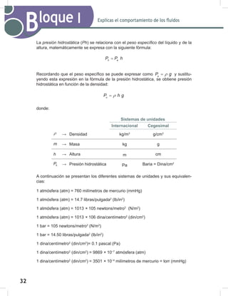 32
34
Explicas el comportamiento de los fluidos
Bloque I
La presión	hidrostática (Ph) se relaciona con el peso	específico	del líquido y de la
altura, matemáticamente se expresa con la siguiente fórmula:
h e
P P h
=
Recordando que el peso específico se puede expresar como e
P g
ρ
= y sustitu-
yendo esta expresión en la fórmula de la presión hidrostática, se obtiene presión
hidrostática en función de la densidad:
h
P h g
ρ
=
donde:
Sistemas de unidades
Internacional Cegesimal
ρ → Densidad kg/m3
g/cm3
m → Masa kg g
h → Altura m cm
h
P → Presión hidrostática Pa Baria = Dina/cm2
A continuación se presentan los diferentes sistemas de unidades y sus equivalen-
cias:
1 atmósfera (atm) = 760 milímetros de mercurio (mmHg)
1 atmósfera (atm) = 14.7 libras/pulgada2
(lb/in2
)
1 atmósfera (atm) = 1013 × 105 newtons/metro2
(N/m2
)
1 atmósfera (atm) = 1013 × 106 dina/centímetro2
(din/cm2
)
1 bar = 105 newtons/metro2
(N/m2
)
1 bar = 14.50 libras/pulgada2
(lb/in2
)
1 dina/centímetro2
(din/cm2
)= 0.1 pascal (Pa)
1 dina/centímetro2
(din/cm2
) = 9869 × 10−7
atmósfera (atm)
1 dina/centímetro2
(din/cm2
) = 3501 × 10−4
milímetros de mercurio = torr (mmHg)
 