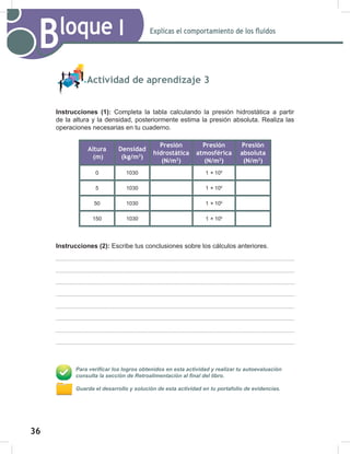 36
38
Explicas el comportamiento de los fluidos
Bloque I
Actividad de aprendizaje 3
Instrucciones (1): Completa la tabla calculando la presión hidrostática a partir
de la altura y la densidad, posteriormente estima la presión absoluta. Realiza las
operaciones necesarias en tu cuaderno.
Altura
(m)
Densidad
(kg/m3
)
Presión
hidrostática
(N/m2
)
Presión
atmosférica
(N/m2
)
Presión
absoluta
(N/m2
)
0 1030 1 × 105
5 1030 1 × 105
50 1030 1 × 105
150 1030 1 × 105
Instrucciones (2): Escribe tus conclusiones sobre los cálculos anteriores.
Para verificar los logros obtenidos en esta actividad y realizar tu autoevaluación
consulta la sección de Retroalimentación al final del libro.
Guarda el desarrollo y solución de esta actividad en tu portafolio de evidencias.
 