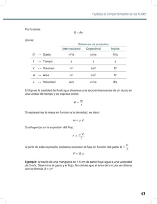 43
Explicas el comportamiento de los fluidos
45
Por lo tanto:
G Av
=
donde:
Sistemas de unidades
Internacional Cegesimal Inglés
G → Gasto m3
/s cm/s ft3
/s
t → Tiempo s s s
V → Volumen m3
cm3
ft3
A → Área m2
cm2
ft2
v → Velocidad m/s cm/s ft/s
El flujo es la cantidad de fluido que atraviesa una sección transversal de un ducto en
una unidad de tiempo y se expresa como:
m
F
t
=
Si expresamos la masa en función a la densidad, es decir:
m V
ρ
=
Sustituyendo en la expresión del flujo:
V
F
t
ρ
=
A partir de esta expresión podemos expresar el flujo en función del gasto
V
G
t
=
F G ρ
=
Ejemplo: A través de una manguera de 1.5 cm de radio fluye agua a una velocidad
de 3 m/s. Determina el gasto y el flujo. No olvides que el área del círculo se obtiene
con la fórmula A = πr  2
 