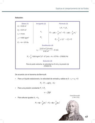 47
Explicas el comportamiento de los fluidos
49
Solución:
De acuerdo con el teorema de Bernoulli:
• Para un líquido estacionario, la velocidad de entrada y salida es 0: v1
= v2
= 0
2 1 2 1
( )
P P g h h
ρ
−= −
• Para una presión constante P1
= P2
2
v gh
=
• Para alturas iguales h1
= h2
2 2
1 1 2 2
1 1
2 2
P dg gv P dg gv
+ + = + +
Datos (1) Incógnita (2) Fórmula (3)
A1
	=	0.02	m2
A2
	=	0.01	m2
v1
	=	4	m/s
3
= 1000 kg/m
ρ
P1
	=	4	×	105
	Pa
v2
P2
v1
A1
	=	v2
A2
2 2
1 1 1 2 2 2
1 1
P gh v P gh v
2 2
ρ ρ ρ ρ
+ + = + +
( )
2 2
2 1 2 1
1
P v - v P
2
ρ
= +
Sustitución (4)
( )( )
2
2 2
0.01 m 4 m/s
v 8 m/s
0.02 m
= =
( )
3 2 2 5
2
1
P 1000 kg/m 4 - 8 m/s 4 x 10 Pa 376000 Pa
2
= + =
Solución (5)
Para	la	parte	estrecha,	la	velocidad	es	8	m/s	y	la	presión	de	
376000	Pa
Daniel Bernoulli
(1700-1782).
 