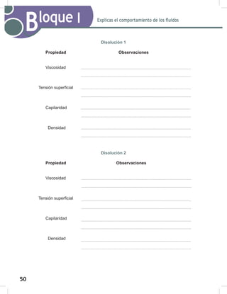 50
52
Explicas el comportamiento de los fluidos
Bloque I
Disolución 1
Propiedad Observaciones
Viscosidad
Tensión superficial
Capilaridad
Densidad
Disolución 2
Propiedad Observaciones
Viscosidad
Tensión superficial
Capilaridad
Densidad
 