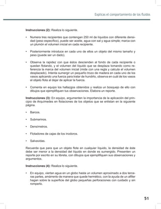 51
Explicas el comportamiento de los fluidos
53
Instrucciones (2): Realiza lo siguiente.
• Numera tres recipientes que contengan 250 ml de líquidos con diferente densi-
dad (peso específico), puede ser aceite, agua con sal y agua simple; marca con
un plumón el volumen inicial en cada recipiente.
• Posteriormente introduce en cada uno de ellos un objeto del mismo tamaño y
peso (puede ser un dado).
• Observa la rapidez con que éstos descienden al fondo de cada recipiente o
quedan flotando, y el volumen del líquido que se desplaza tomando como re-
ferencia la marca del volumen inicial (mide con una regla y calcula el volumen
desplazado). Intenta sumergir un pequeño trozo de madera en cada uno de los
vasos aplicando una fuerza para tratar de hundirlo, observa en cuál de los vasos
el objeto flota al dejar de aplicar la fuerza.
• Comenta en equipo los hallazgos obtenidos y realiza un bosquejo de ello con
dibujos que ejemplifiquen tus observaciones. Elabora un reporte.
Instrucciones (3): En equipo, argumenten la importancia de la aplicación del prin-
cipio de Arquímedes en flotaciones de los objetos que se enlistan en la siguiente
página.
• Barcos.
• Submarinos.
• Densímetros.
• Flotadores de cajas de los inodoros.
• Salvavidas.
Recuerda que para que un objeto flote en cualquier líquido, la densidad de éste
debe ser menor a la densidad del líquido en donde es sumergido. Presenten un
reporte por escrito en su libreta, con dibujos que ejemplifiquen sus observaciones y
argumentos.
Instrucciones (4): Realiza lo siguiente.
• En equipo, viertan agua en un globo hasta un volumen aproximado a dos terce-
ras partes, amárrenlo de manera que quede hermético, con la ayuda de un alfiler
hagan sobre la superficie del globo pequeñas perforaciones con cuidado y sin
romperlo.
 