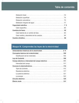 5
Dilatación lineal . . . . . . . . . . . . . . . . . . . . . . . . . . . . . . . 72
Dilatación superficial . . . . . . . . . . . . . . . . . . . . . . . . . . . . 74
Dilatación volumétrica . . . . . . . . . . . . . . . . . . . . . . . . . . . 75
Dilatación irregular del agua . . . . . . . . . . . . . . . . . . . . . . . . 77
Capacidad calorífica . . . . . . . . . . . . . . . . . . . . . . . . . . . . . . 7 9
Calor específico. . . . . . . . . . . . . . . . . . . . . . . . . . . . . . . 80
Cambios de fases. . . . . . . . . . . . . . . . . . . . . . . . . . . . . . . . 82
Calor latente de un cambio de fase. . . . . . . . . . . . . . . . . . . . . 83
Calor cedido y absorbido de los cuerpos . . . . . . . . . . . . . . . . . . 84
Cambio climático . . . . . . . . . . . . . . . . . . . . . . . . . . . . . . . . 86
Bloque III. Comprendes las leyes de la electricidad
Antecedentes históricos de la electricidad . . . . . . . . . . . . . . . . . .9 8
Conceptos básicos de la electricidad . . . . . . . . . . . . . . . . . . . . .100
Clasificación de los materiales . . . . . . . . . . . . . . . . . . . . . . .105
Ley de Coulomb. . . . . . . . . . . . . . . . . . . . . . . . . . . . . . . . .106
Campo eléctrico e intensidad del campo eléctrico. . . . . . . . . . . . . . 111
Intensidad del campo . . . . . . . . . . . . . . . . . . . . . . . . . . . .111
Conoces la electrodinámica . . . . . . . . . . . . . . . . . . . . . . . . . . 114
Tipos de corriente. . . . . . . . . . . . . . . . . . . . . . . . . . . . . .115
Resistencia eléctrica . . . . . . . . . . . . . . . . . . . . . . . . . . . .117
La potencia eléctrica . . . . . . . . . . . . . . . . . . . . . . . . . . . .121
La energía . . . . . . . . . . . . . . . . . . . . . . . . . . . . . . . . .122
Circuito eléctrico . . . . . . . . . . . . . . . . . . . . . . . . . . . . . . . .124
Efecto Joule . . . . . . . . . . . . . . . . . . . . . . . . . . . . . . . . . . .131
Tabla de contenido
 