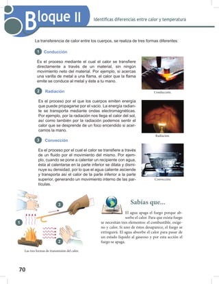70
72
Bloque II Identificas diferencias entre calor y temperatura
La transferencia de calor entre los cuerpos, se realiza de tres formas diferentes:
Las tres formas de transmisión del calor.
Sabías que...
El agua apaga el fuego porque ab-
sorbe el calor. Para que exista fuego
se necesitan tres elementos: el combustible, oxíge-
no y calor. Si uno de éstos desaparece, el fuego se
extinguirá. El agua absorbe el calor para pasar de
un estado líquido al gaseoso y por esta acción el
fuego se apaga.
Conducción
Es el proceso mediante el cual el calor se transfiere
directamente a través de un material, sin ningún
movimiento neto del material. Por ejemplo, si acercas
una varilla de metal a una flama, el calor que la flama
emite se conduce al metal y éste a tu mano.
Radiación
Es el proceso por el que los cuerpos emiten energía
que puede propagarse por el vacio. La energía radian-
te se transporta mediante ondas electromagnéticas.
Por ejemplo, por la radiación nos llega el calor del sol,
así como también por la radiación podemos sentir el
calor que se desprende de un foco encendido si acer-
camos la mano.
Convección
Es el proceso por el cual el calor se transfiere a través
de un fluido por el movimiento del mismo. Por ejem-
plo, cuando se pone a calentar un recipiente con agua,
ésta al calentarse en la parte inferior se dilata y dismi-
nuye su densidad, por lo que el agua caliente asciende
y transporta así el calor de la parte inferior a la parte
superior, generando un movimiento interno de las par-
tículas.
Conducción.
Radiación.
Convección
1
2
3
1
2
3
 