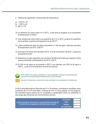93
95
Identificas diferencias entre calor y temperatura
9. Realiza las siguientes conversiones de temperatura.
a) −150°C a °F
b) −100°C a K
c) 80°C a °R
10.Un alambre de cobre mide 4 m a 20°C, ¿cuál será su longitud si se incrementa
la temperatura al triple?
11. Una ventana de vidrio tiene una superficie de 3 m2
a 20°C ¿cuál es la superficie
de la ventana cuando la temperatura es de 35°C?
12.¿Qué cantidad de calor se debe suministrar a 1 litro de agua para que se eleve
la temperatura de 20°C a 90°C?
13.Una barra de hierro de 2 kg está a 20°C, si se le suministran 20 Kcal, ¿cuál es la
temperatura final?
14.Determina el calor específico de una barra de 500 g de metal que requiere 5 Kcal
para incrementar la temperatura de 40°C a 80°C.
15.Si 300 ml de agua se encuentran a 80°C y se mezclan con 200 ml de agua a
100°C, ¿cuál es la temperatura final de la mezcla?
Para verificar los logros obtenidos en esta actividad y realizar tu autoevaluación
consulta la sección de Retroalimentación al final del libro.
Guarda el desarrollo y solución de esta actividad en tu portafolio de evidencias.
Si de la actividad anterior obtuviste de 21 a 18 aciertos, considera tu resultado como
excelente; de 17 a 15 como bien; 	si tienes de 14 a 11 como regular,	y si tus respues-
tas correctas fueron menos de 10, considera tu desempeño como no	suficiente, lo
que exige que refuerces tus conocimientos previos.
¿Cómo evalúas el nivel de tus conocimientos previos en
función de las respuestas correctas que tuviste?
Excelente
Bien
Regular
No suficiente
 