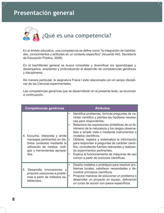 10
¿Qué es una competencia?
En el ámbito educativo, una competencia se define como “la integración de habilida-
des, conocimientos y actitudes en un contexto específico” (Acuerdo 442, Secretaría
de Educación Pública, 2008).
En el bachillerato general se busca consolidar y diversificar los aprendizajes y
desempeños, ampliando y profundizando el desarrollo de competencias genéricas
y disciplinares.
De manera particular, la asignatura Física I está relacionada con el campo discipli-
nar de las Ciencias experimentales.
Las competencias genéricas que se desarrollarán en el presente texto, se enuncian
a continuación.
Presentación general
Competencias genéricas Atributos
4. Escucha, interpreta y emite
mensajes pertinentes en dis-
tintos contextos mediante la
utilización de medios, códi-
gos y herramientas apropia-
dos.
• Identifica problemas, formula preguntas de ca-
rácter científico y plantea las hipótesis necesa-
rias para responderlas.
• Relaciona las expresiones simbólicas de un fe-
nómeno de la naturaleza y los rasgos observa-
bles a simple vista o mediante instrumentos o
modelos científicos.
• Obtiene, registra y sistematiza la información
para responder a preguntas de carácter cientí-
fico, consultando fuentes relevantes y realizan-
do experimentos pertinentes.
• Explica el funcionamiento de máquinas de uso
común a partir de nociones científicas.
5. Desarrolla innovaciones y
propone soluciones a proble-
mas a partir de métodos es-
tablecidos.
• Diseña modelos o prototipos para resolver pro-
blemas locales, satisfacer necesidades o de-
mostrar principios científicos.
• Propone maneras de solucionar un problema o
desarrollar un proyecto en equipo, definiendo
un curso de acción con pasos específicos.
8
 