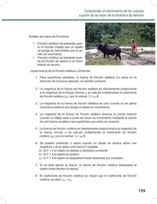 161
Comprendes el movimiento de los cuerpos
a partir de las leyes de la dinámica de Newton
161
Existen 2 tipos de fricciones:
 Fricción estática: se presenta cuando la
fricción impide el que un objeto se ponga
en movimiento por la acción de una fuerza.
 Fricción cinética: se presenta cuando la
fricción se opone a un movimiento en
acción.
Leyes acerca de la fricción estática y dinámica:
1. Para superficies paralelas, la fuerza de fricción estática (fs) actúa en la
dirección de la fuerza aplicada, en sentido contrario.
2. La magnitud de la fuerza de fricción estática es directamente proporcional
a la magnitud de la fuerza normal, y se calcula multiplicando el coeficiente
de fricción estático ( por la normal fs = N
3. La magnitud de la fuerza de fricción estática es cero cuando no se aplica
una fuerza externa que ponga el objeto en movimiento.
4. La magnitud de la fuerza de fricción estática alcanza su punto máximo
cuando un objeto está a punto de iniciar su movimiento mediante la acción
de una fuerza paralela a las superficies que están en contacto.
5. La fuerza de fricción cinética es directamente proporcional a la magnitud de
la fuerza normal, y se calcula multiplicando el coeficiente de fricción
cinético ( por la normal fk = N
6. Se pueden presentar 3 casos cuando un objeto se desliza sobre una
superficie y se le aplica una fuerza F paralela a la superficie:
a) Si F = fk el objeto se desliza a velocidad constante
b) Si F > fk el objeto se acelera
c) Si F < fk el objeto se desacelera hasta detenerse por completo.
7. Si se deja aplicar la fuerza, la fuerza de fricción cinética desacelera el
objeto hasta llevarlo al reposo.
8. El coeficiente de fricción estática es mayor que el coeficiente de fricción
cinética, es decir, >
Existen dos tipos de fricciones:
•	 Fricción estática: se presenta cuan-
to la fricción impide que un objeto
se ponga en movimiento por la ac-
ción de una fuerza.
•	 Fricción cinética: se presenta cuan-
do la fricción se opone a un movi-
miento en acción.
161
Comprendes el movimiento de los cuerpos
a partir de las leyes de la dinámica de Newton
161
Existen 2 tipos de fricciones:
 Fricción estática: se presenta cuando la
fricción impide el que un objeto se ponga
en movimiento por la acción de una fuerza.
 Fricción cinética: se presenta cuando la
fricción se opone a un movimiento en
acción.
Leyes acerca de la fricción estática y dinámica:
1. Para superficies paralelas, la fuerza de fricción estática (fs) actúa en la
dirección de la fuerza aplicada, en sentido contrario.
2. La magnitud de la fuerza de fricción estática es directamente proporcional
a la magnitud de la fuerza normal, y se calcula multiplicando el coeficiente
de fricción estático ( por la normal fs = N
3. La magnitud de la fuerza de fricción estática es cero cuando no se aplica
una fuerza externa que ponga el objeto en movimiento.
4. La magnitud de la fuerza de fricción estática alcanza su punto máximo
cuando un objeto está a punto de iniciar su movimiento mediante la acción
de una fuerza paralela a las superficies que están en contacto.
5. La fuerza de fricción cinética es directamente proporcional a la magnitud de
la fuerza normal, y se calcula multiplicando el coeficiente de fricción
cinético ( por la normal fk = N
6. Se pueden presentar 3 casos cuando un objeto se desliza sobre una
superficie y se le aplica una fuerza F paralela a la superficie:
a) Si F = fk el objeto se desliza a velocidad constante
b) Si F > fk el objeto se acelera
c) Si F < fk el objeto se desacelera hasta detenerse por completo.
7. Si se deja aplicar la fuerza, la fuerza de fricción cinética desacelera el
objeto hasta llevarlo al reposo.
8. El coeficiente de fricción estática es mayor que el coeficiente de fricción
cinética, es decir, >
Existen dos tipos de fricciones:
•	 Fricción estática: se presenta cuan-
to la fricción impide que un objeto
se ponga en movimiento por la ac-
ción de una fuerza.
•	 Fricción cinética: se presenta cuan-
do la fricción se opone a un movi-
miento en acción.
159
 