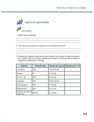 211
Relacionas el trabajo con la energía
211
Aplica lo aprendido
Actividad 3
1. Define qué es potencia.
__________________________________________________________________
__________________________________________________________________
__________________________________________________________________
2. ¿Por qué se dice que una máquina es más potente que otra?
__________________________________________________________________
__________________________________________________________________
__________________________________________________________________
3. Completa la siguiente tabla acerca del consumo de energía de algunos objetos
que pueden estar en tu hogar, realizando primero las conversiones de tiempo a
segundos y calculando la energía.
Aparato Potencia (W) Tiempo de uso (s) Energía (J) E = Pt
Licuadora 350 10 min al día
Estéreo 75 4 h al día
TV 32 – 40“ 250 6 h al día
Lavadora 400 20 min al día
Computadora 300 4 h al día
Refrigerador 250 8 h al día
8 focos de 60 W
cada uno
480 W 5 h al día
209
 