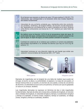 Reconoces el lenguaje técnico básico de la Física
45
Metro patrón. Kilogramo patrón.
Ejemplos de magnitudes son la longitud de una tabla de madera (que puede ser
el largo, el ancho, la altura, su profundidad, el espesor), la masa de una piedra, el
tiempo transcurrido en un evento, el volumen de una cubeta, el área de una lámina
de aluminio, la velocidad a la que corre una persona, la fuerza con que es golpeado
un auto en un choque, etcétera.
Las magnitudes derivadas se expresan en términos de dos o más magnitudes
fundamentales. Ejemplo de ellas son el área (dos unidades de longitud), el volumen
(tres unidades de longitud), la velocidad (longitud y tiempo), la aceleración (longitud
y tiempo al cuadrado), la fuerza (masa, longitud y tiempo al cuadrado), el trabajo
(masa, longitud y tiempo al cuadrado), etcétera.
Es el tiempo que requiere un átomo de cesio 133 para realizar 9,192,631,770
vibraciones, que corresponden a la transición entre dos niveles hiperfinos
del estado fundamental.
Segundo
(s)
Intensidad de una corriente constante que, mantenida entre dos conducto-
res paralelos, rectilíneos, de longitud infinita y de sección circular desprecia-
ble, separados por una distancia de un metro y situados en el vacío, produce
entre dichos conductores una fuerza de 2 x 10-7
newtons por cada metro de
longitud.
Amperio
o
ampere
(A)
Se definió como la fracción 1/273.16 de la temperatura triple del agua. El
punto triple del agua, corresponde a la temperatura y presión únicas en las
que el agua, el vapor de agua y el hielo pueden coexistir en equilibrio.
Kelvin
(K)
Cantidad de sustancia de un sistema que contiene un número de entidades
elementales equivalente a la cantidad de átomos que hay en 0.012 kg de
carbono 12.
Mol
(mol)
Intensidad luminosa en una dirección dada de una fuente que emite una
radiación monocromática de frecuencia 540 x 1012
hertz
Candela
(cd)
Reconoces el lenguaje técnico básico de la Física
45
Metro patrón. Kilogramo patrón.
Ejemplos de magnitudes son la longitud de una tabla de madera (que puede ser
el largo, el ancho, la altura, su profundidad, el espesor), la masa de una piedra, el
tiempo transcurrido en un evento, el volumen de una cubeta, el área de una lámina
de aluminio, la velocidad a la que corre una persona, la fuerza con que es golpeado
un auto en un choque, etcétera.
Las magnitudes derivadas se expresan en términos de dos o más magnitudes
fundamentales. Ejemplo de ellas son el área (dos unidades de longitud), el volumen
(tres unidades de longitud), la velocidad (longitud y tiempo), la aceleración (longitud
y tiempo al cuadrado), la fuerza (masa, longitud y tiempo al cuadrado), el trabajo
(masa, longitud y tiempo al cuadrado), etcétera.
Es el tiempo que requiere un átomo de cesio 133 para realizar 9,192,631,770
vibraciones, que corresponden a la transición entre dos niveles hiperfinos
del estado fundamental.
Segundo
(s)
Intensidad de una corriente constante que, mantenida entre dos conducto-
res paralelos, rectilíneos, de longitud infinita y de sección circular desprecia-
ble, separados por una distancia de un metro y situados en el vacío, produce
entre dichos conductores una fuerza de 2 x 10-7
newtons por cada metro de
longitud.
Amperio
o
ampere
(A)
Se definió como la fracción 1/273.16 de la temperatura triple del agua. El
punto triple del agua, corresponde a la temperatura y presión únicas en las
que el agua, el vapor de agua y el hielo pueden coexistir en equilibrio.
Kelvin
(K)
Cantidad de sustancia de un sistema que contiene un número de entidades
elementales equivalente a la cantidad de átomos que hay en 0.012 kg de
carbono 12.
Mol
(mol)
Intensidad luminosa en una dirección dada de una fuente que emite una
radiación monocromática de frecuencia 540 x 1012
hertz
Candela
(cd)
Reconoces el lenguaje técnico básico de la Física
45
Metro patrón. Kilogramo patrón.
Ejemplos de magnitudes son la longitud de una tabla de madera (que puede ser
el largo, el ancho, la altura, su profundidad, el espesor), la masa de una piedra, el
tiempo transcurrido en un evento, el volumen de una cubeta, el área de una lámina
de aluminio, la velocidad a la que corre una persona, la fuerza con que es golpeado
un auto en un choque, etcétera.
Las magnitudes derivadas se expresan en términos de dos o más magnitudes
fundamentales. Ejemplo de ellas son el área (dos unidades de longitud), el volumen
(tres unidades de longitud), la velocidad (longitud y tiempo), la aceleración (longitud
y tiempo al cuadrado), la fuerza (masa, longitud y tiempo al cuadrado), el trabajo
(masa, longitud y tiempo al cuadrado), etcétera.
Es el tiempo que requiere un átomo de cesio 133 para realizar 9,192,631,770
vibraciones, que corresponden a la transición entre dos niveles hiperfinos
del estado fundamental.
Segundo
(s)
Intensidad de una corriente constante que, mantenida entre dos conducto-
res paralelos, rectilíneos, de longitud infinita y de sección circular desprecia-
ble, separados por una distancia de un metro y situados en el vacío, produce
entre dichos conductores una fuerza de 2 x 10-7
newtons por cada metro de
longitud.
Amperio
o
ampere
(A)
Se definió como la fracción 1/273.16 de la temperatura triple del agua. El
punto triple del agua, corresponde a la temperatura y presión únicas en las
que el agua, el vapor de agua y el hielo pueden coexistir en equilibrio.
Kelvin
(K)
Cantidad de sustancia de un sistema que contiene un número de entidades
elementales equivalente a la cantidad de átomos que hay en 0.012 kg de
carbono 12.
Mol
(mol)
Intensidad luminosa en una dirección dada de una fuente que emite una
radiación monocromática de frecuencia 540 x 1012
hertz
Candela
(cd)
43
 