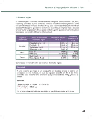 Reconoces el lenguaje técnico básico de la Física
51
El sistema inglés
El sistema inglés, o también llamado sistema FPS (foot, pound, second – pie, libra,
segundo), considera el peso como una cantidad física fundamental y la masa como
una cantidad física derivada (Cuéllar, 2013). Este sistema se utiliza actualmente en
Estados Unidos por lo que es muy común que la gente que emigra o viaja a Estados
Unidos “sufra” un poco con el manejo de unidades, por lo que es conveniente utilizar
factores de conversión al Sistema Internacional.
Magnitud
fundamental
Unidad de medida en
el sistema inglés
Unidad de medida
en el SI
Unidad de
medida en el
CGS
Longitud
Pulgada (inche – in)
Pie (foot – ft)
Yarda (yard – yd)
Milla (mile – mi)
0.0254 m
0.3048 m
0.9144 m
1,609 m
2.54 cm
30.48 cm
91.44 cm
Masa
Libra (lb)
Onza (oz)
0.454 kg
0.02835 kg
454 g
28.35 g
Tiempo
Galón (gal)
Onza líquida (fl oz)
3.785 l
0.0296 l
3785 ml
29.6 ml
Ejemplos de conversión entre los sistemas decimal e inglés:
A una persona que llega a un aeropuerto en Estados Unidos le cobran un
sobrepeso en sus maletas, ya que su equipaje excedió en 25 lb del límite
permitido. Esta persona tenía entendido que podía excederse 10 kg, ¿rebasó el
límite?
Solución
La relación entre lb y kg es 1 lb = 0.454 kg.
( ) ( ) = 11.35 kg.
Por lo tanto, sí excedió el límite permitido, ya que 25 lb equivalen a 11.35 kg.
Ejemplo 9
49
 