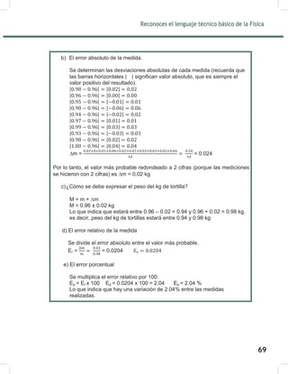 Reconoces el lenguaje técnico básico de la Física
71
Determina:
a) El valor más probable de los kg de tortilla.
Se procede a calcular la media o promedio
m = = 0.96
Por lo tanto, el valor más probable es m = 0.96 kg.
b) El error absoluto de la medida.
Se determinan las desviaciones absolutas de cada medida (recuerda que
las barras horizontales | | significan valor absoluto, que es siempre el
valor positivo del resultado).
| | | |
| | | |
| | | |
| | | |
| | | |
| | | |
| | | |
| | | |
| | | |
| | | |
m = = 0.024
Por lo tanto, el valor más probable redondeado a 2 cifras (porque las mediciones
se hicieron con 2 cifras) es m = 0.02 kg
c) Cómo se debe expresar el peso del kg de tortilla.
M = m + m
M = 0.96 ± 0.02 kg
Lo que indica que estará entre 0.96 – 0.02 = 0.94 y 0.96 + 0.02 = 0.98 kg,
es decir, peso del kg de tortillas estará entre 0.94 y 0.98 kg
Ejemplo 29:
d) El error relativo de la medida
Se divide el error absoluto entre el valor más probable.
Er = = 0.0204
e) El error porcentual
Se multiplica el error relativo por 100.
Ep = Er x 100 Ep = 0.0204 x 100 = 2.04 Ep = 2.04 %
Lo que indica que hay una variación de 2.04% entre las medidas
realizadas.
¿Cómo se debe expresar el peso del kg de tortilla?
69
 