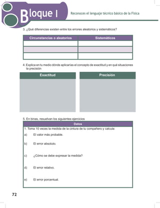 Reconoces el lenguaje técnico básico de la Física
Bloque I
74
3. ¿Qué diferencias existen entre los errores aleatorios y sistemáticos?
Circunstancias o aleatorios Sistemáticos
4. Explica en tu medio dónde aplicarías el concepto de exactitud y en qué situaciones
la precisión
5. En binas, resuelvan los siguientes ejercicios
Datos
1. Toma 10 veces la medida de la cintura de tu compañero y calcula:
a) El valor más probable.
b) El error absoluto.
c) ¿Cómo se debe expresar la medida?
d) El error relativo.
e) El error porcentual.
Exactitud Precisión
72
 