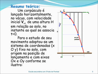 Resumo teórico: Um corpúsculo é lançado horizontalmente, no vácuo, com velocidade inicial  V o ,  de uma altura H em relação ao solo, no instante ao qual se associa t=0. Para o estudo de seu movimento adoptou-se um sistema de coordenadas (x O y) fixo no solo, com origem na posição de lançamento e com eixos Ox e Oy conforme se ilustra: Escola secundária com 3ºciclo de Pombal 