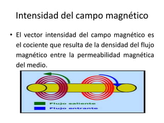Intensidad del campo magnético
• El vector intensidad del campo magnético es
el cociente que resulta de la densidad del flujo
magnético entre la permeabilidad magnética
del medio.
 